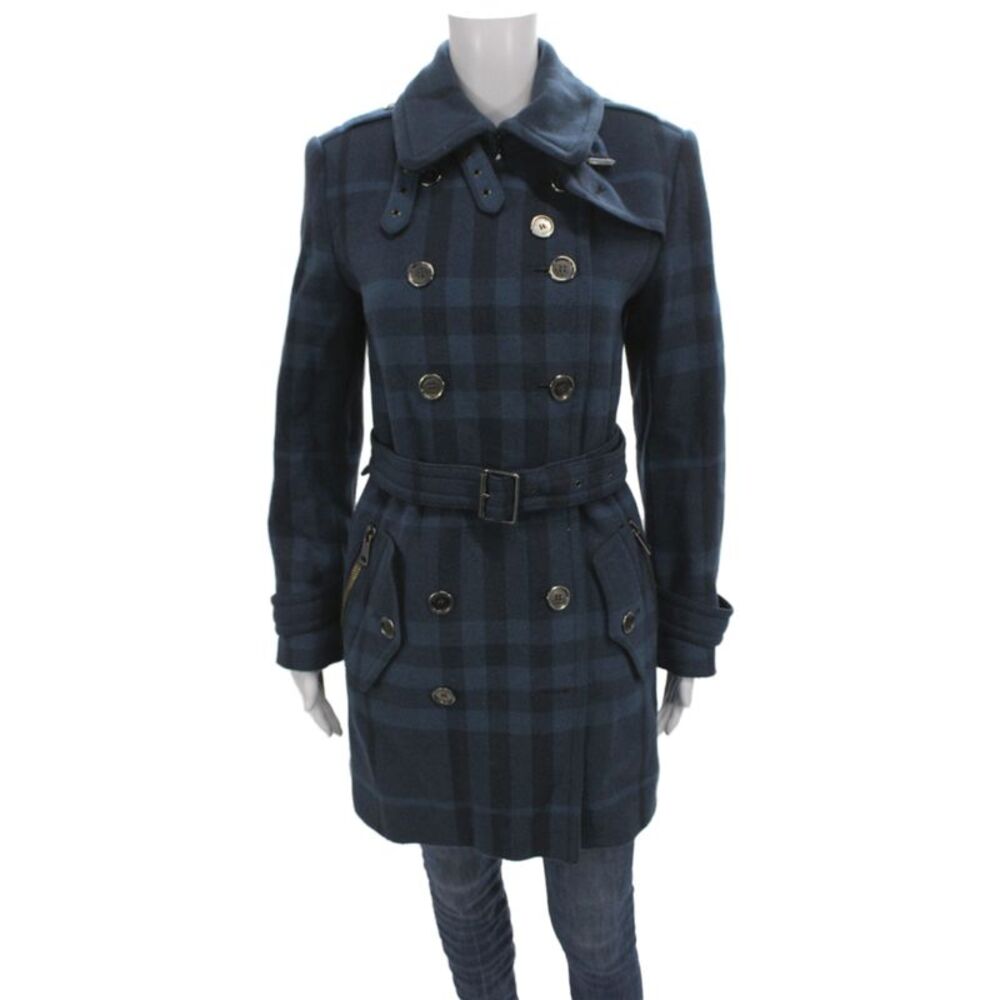 Burberry Brit Women Trench Coat Dark Blue Plaid Wool Blend Button Size 8